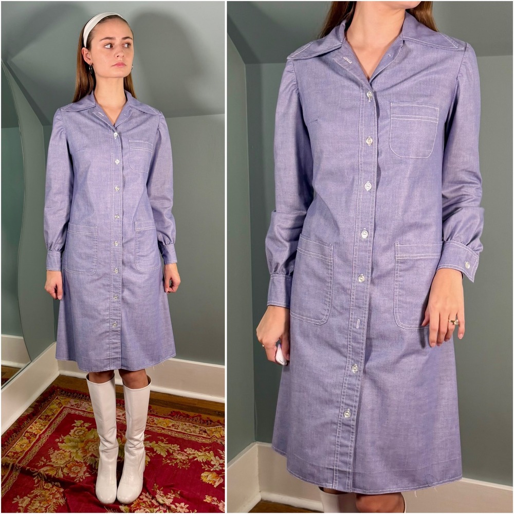 Vintage 1970s Denim Dress 70s Retro Shift Casual 60s 1960s Blue Workwear Medium